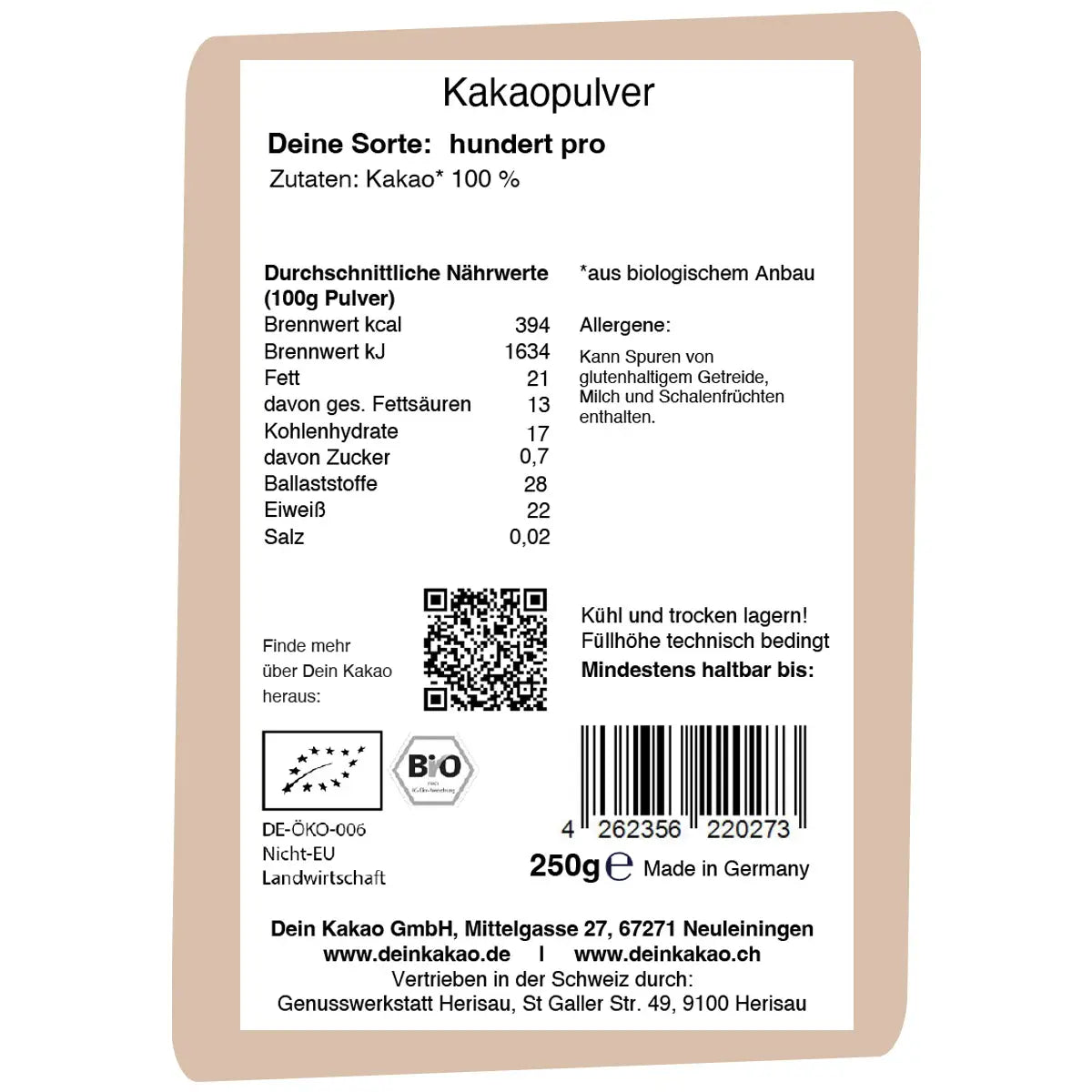 Dein Kakao, Hundert Pro, 250g Bio-Kakaopulver