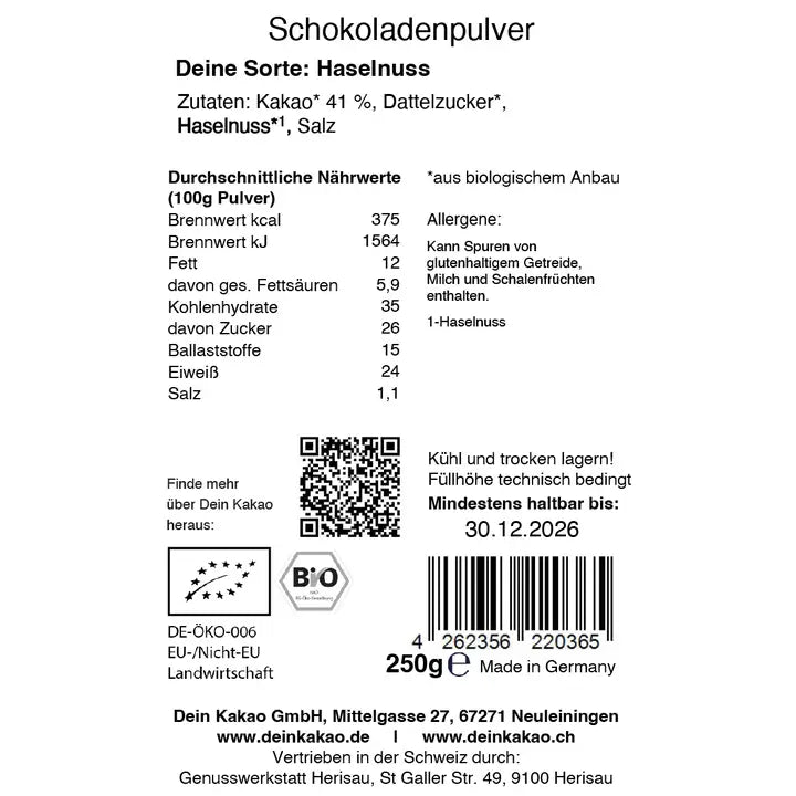 Dein Kakao, Haselnuss, 250g Bio-Schokoladenpulver