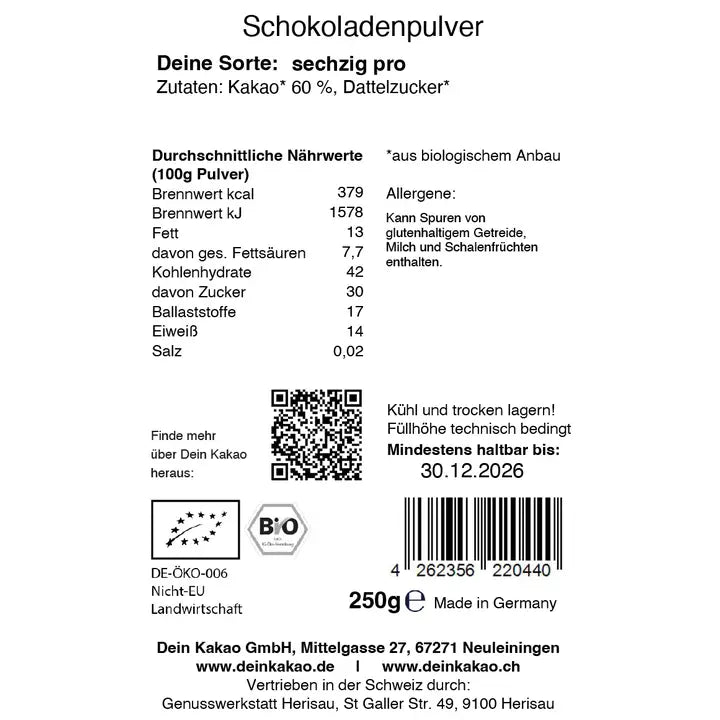 Dein Kakao, 60 pro, 250g Bio-Schokoladenpulver